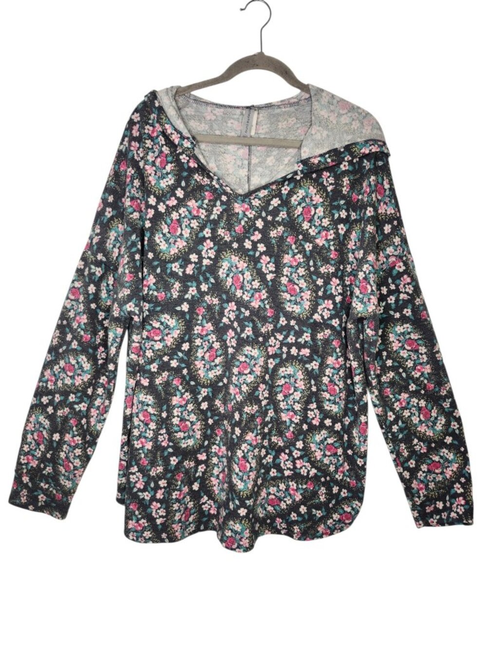 HoneyMe Curvy Gray Pink Floral Long Sleeved Hooded Top Plus Size XXXL